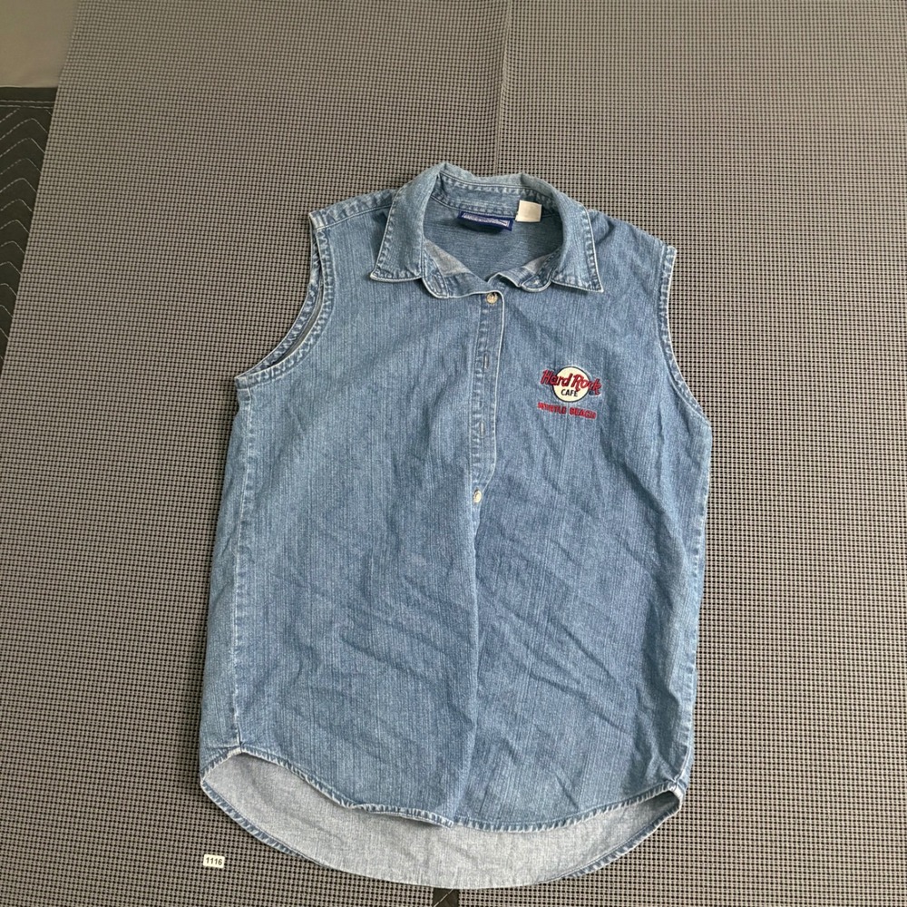Hard Rock Cafe Myrtle Beach Vintage Sleeveless Denim Shirt Blue Womens L